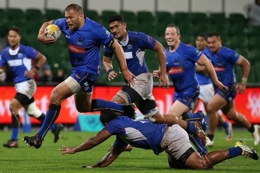 Force prop Chris Heiberg storms over for a try against Apia. Photo: Getty Images