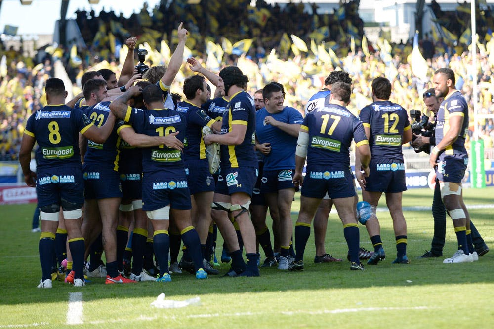 Clermont celebrating after their Champions Cup semi-final win. Photo: AFP