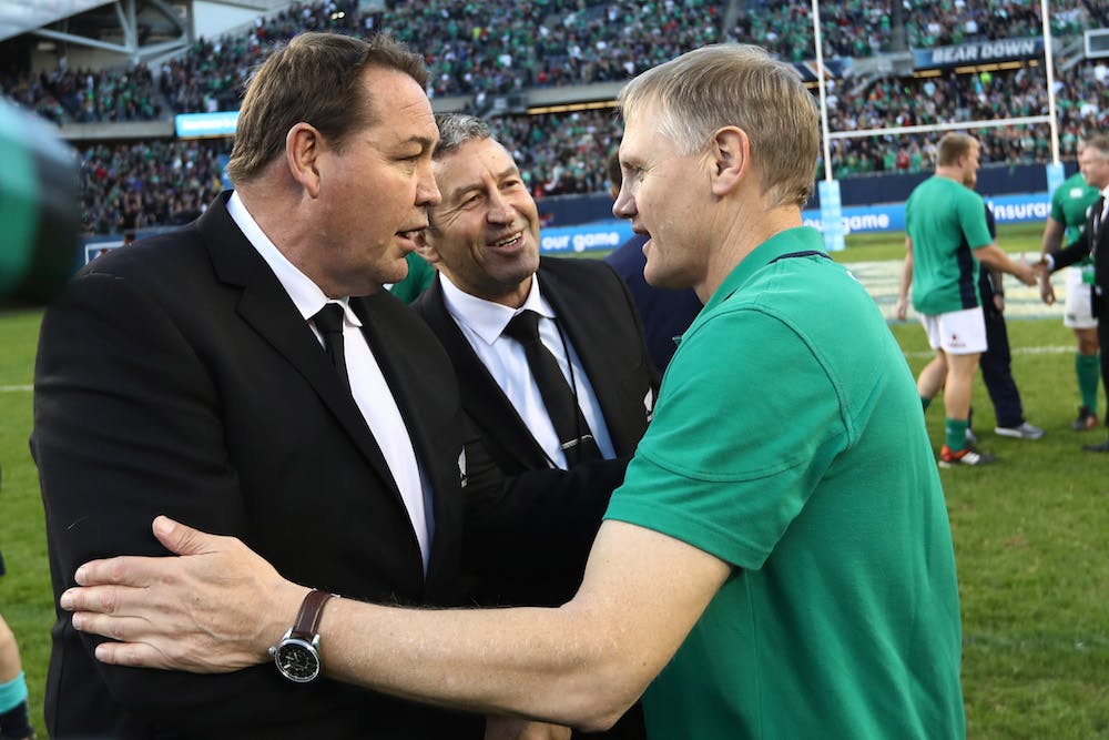 Steve Hanson congratulates Joe Schmidt following Ireland's win in Chicago. Photo: Getty Images
