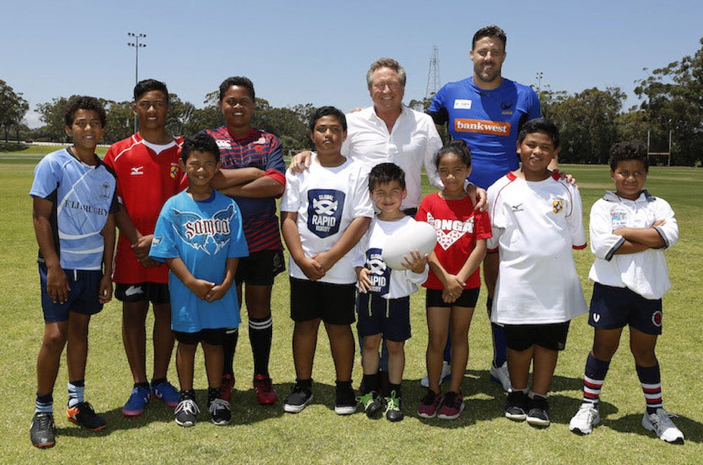 Andrew Forrest with Force marquee man Jeremy Thrush and Rapid Rugby kids. Photo: Rapid Rugby