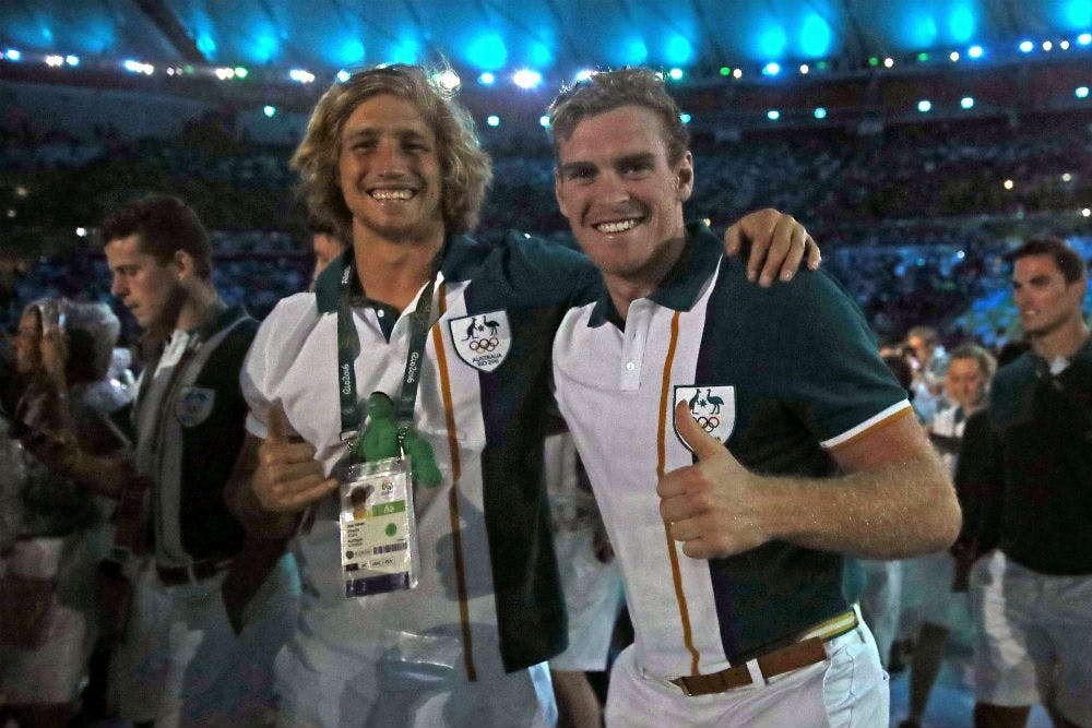 Jesse Parahi and Tom Cusack enjoying themselves at the Rio Olympics closing ceremony. Photo: Getty Images