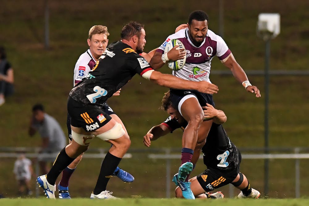 Bryce Hegarty looms in support for Sefa Naivalu in Queensland's trial against the Chiefs. Photo: Getty Images