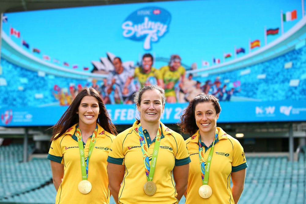 Charlotte Caslick, Shannon Parry and Emilee Cherry at the 2017 Sydney 7s announcement. Photo: Getty Images
