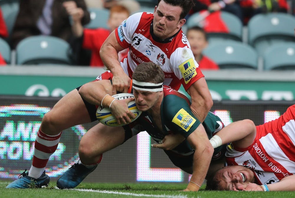 Nick Malouf scores for Leicester against Gloucester. Photo: Getty Images