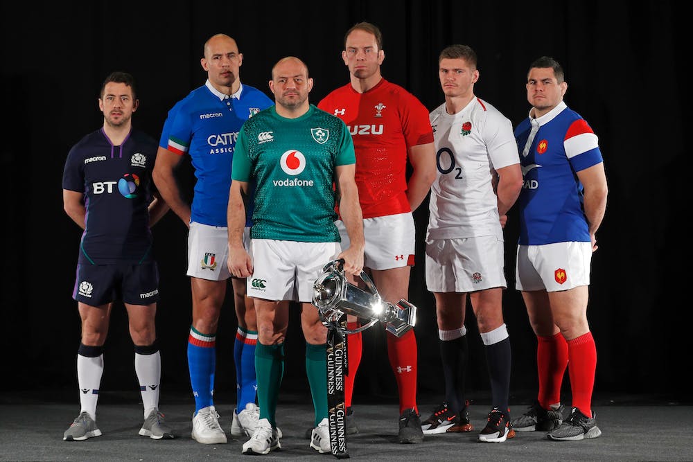 Six Nations captains pose with the major prize at a media launch. Photo: AFP