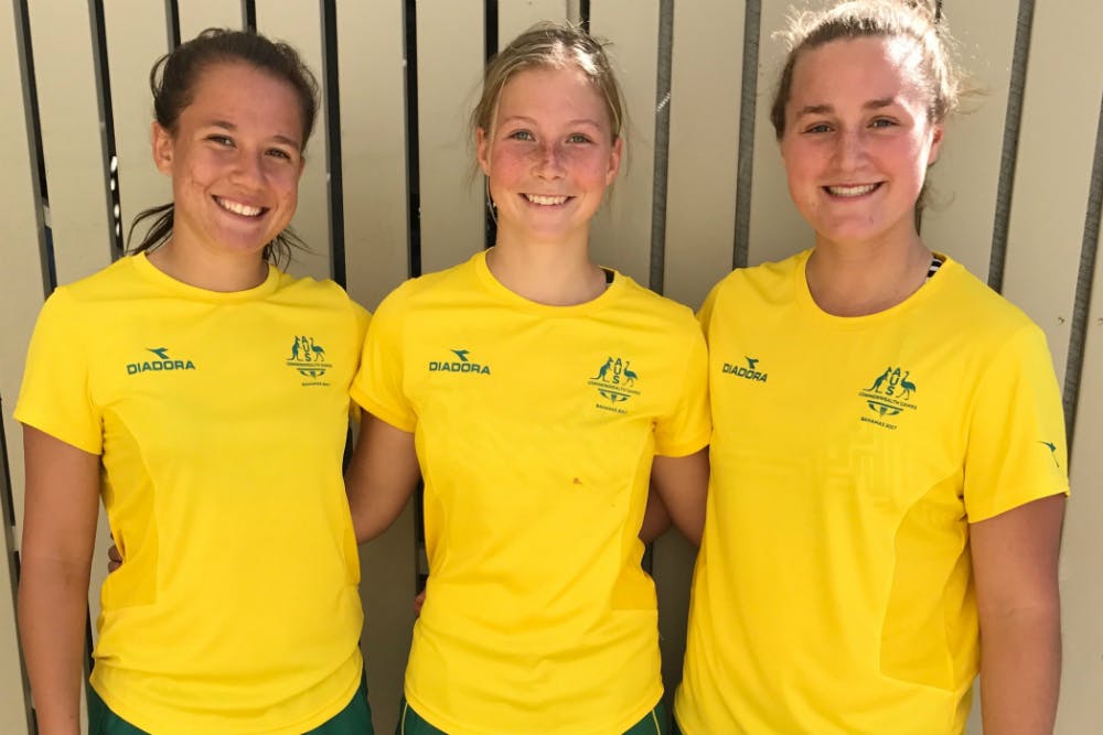 Page McGregor, Bella McKenzie and Layne Morgan are ready for the opening leg of the Uni 7s. Photo: Supplied