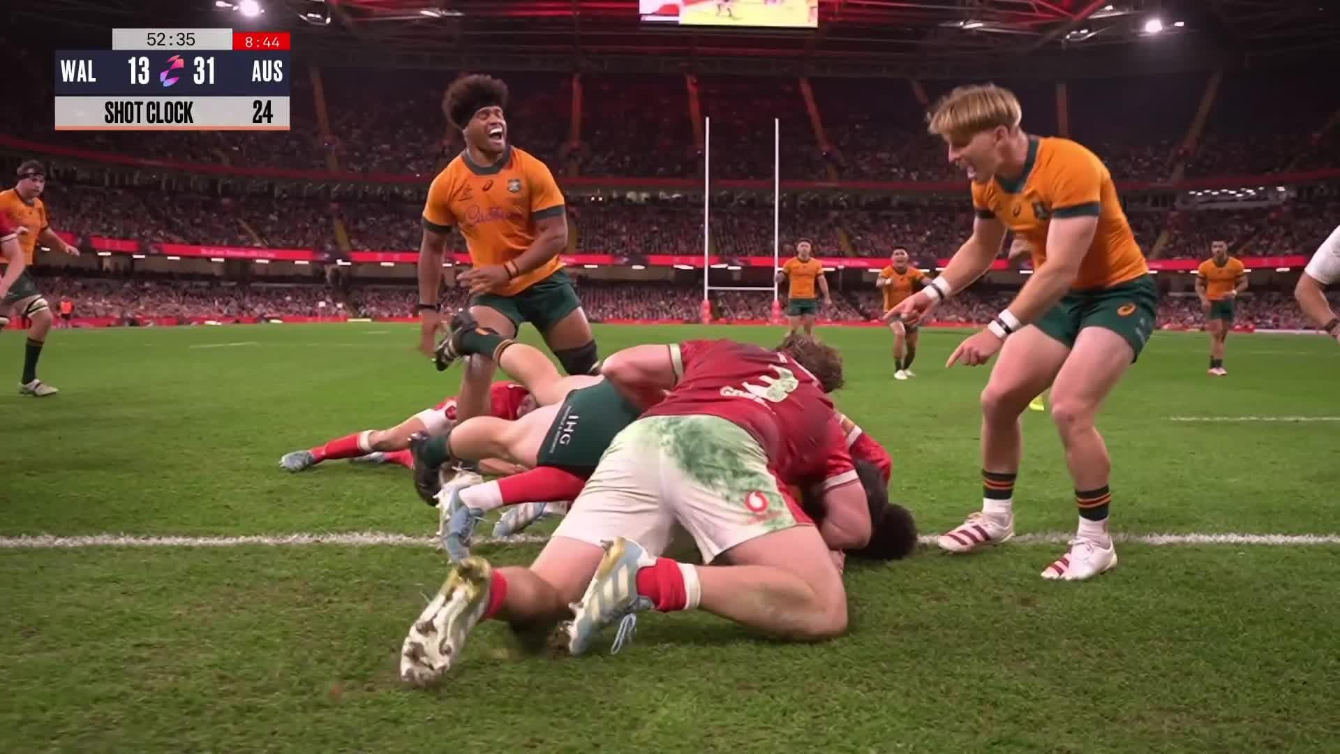 Len Ikitau's Try v Wales Wallabies 2024