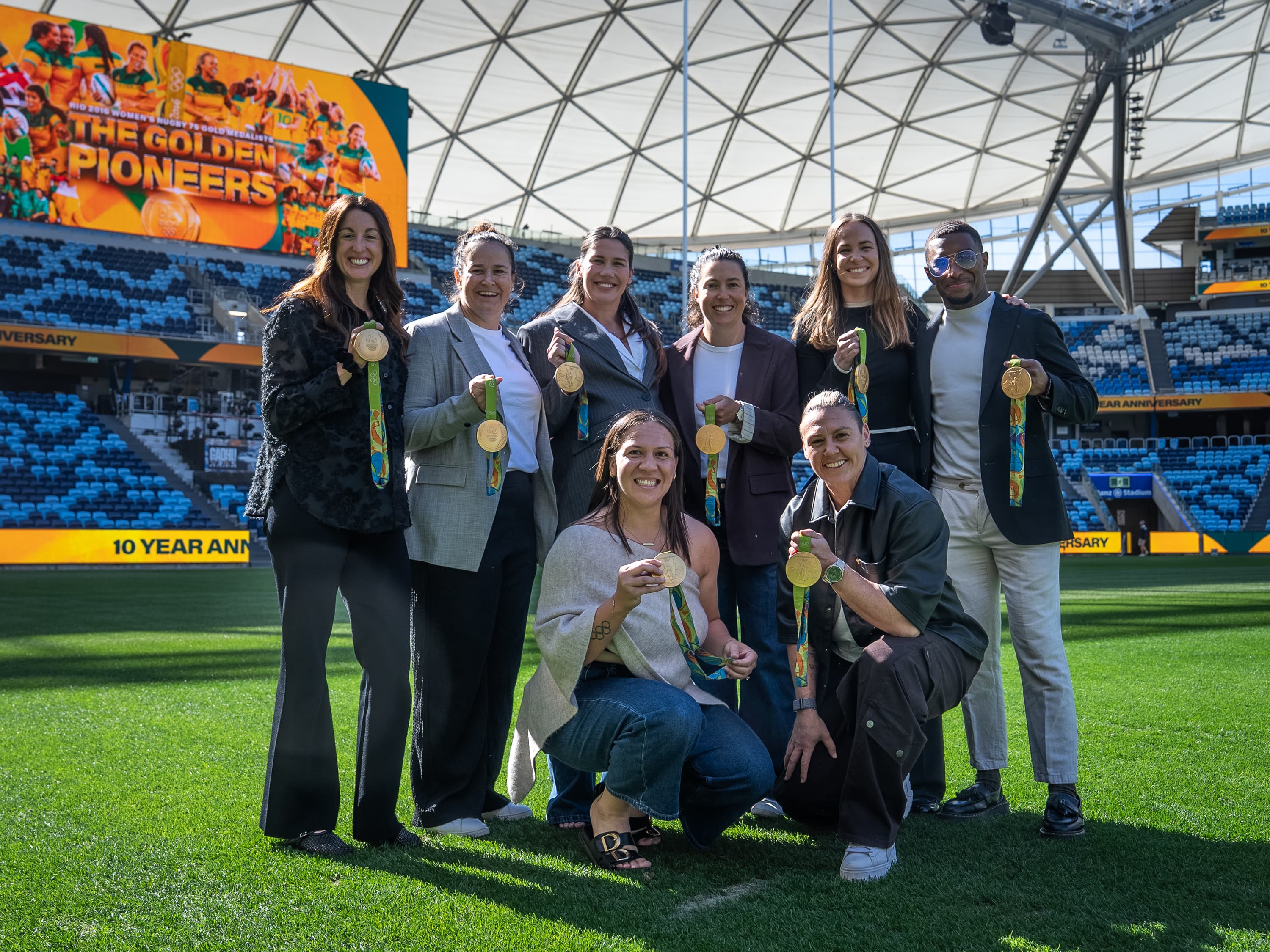 Members of the 2016 Olympic gold medal winning team at Allianz Stadium in Sydney on Friday. Photo: Rugby Australia.