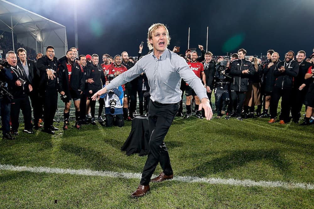 Scott Robertson performs his ritual breakdance after winning Super Rugby in 2018. Photo: Getty Images