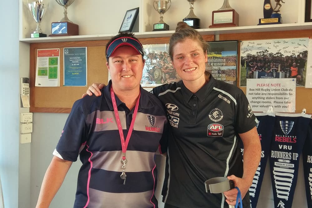 Melbourne Rebels women's coach Alana Thomas with Carlton AFLW star Brianna Davey. Photo: Supplied