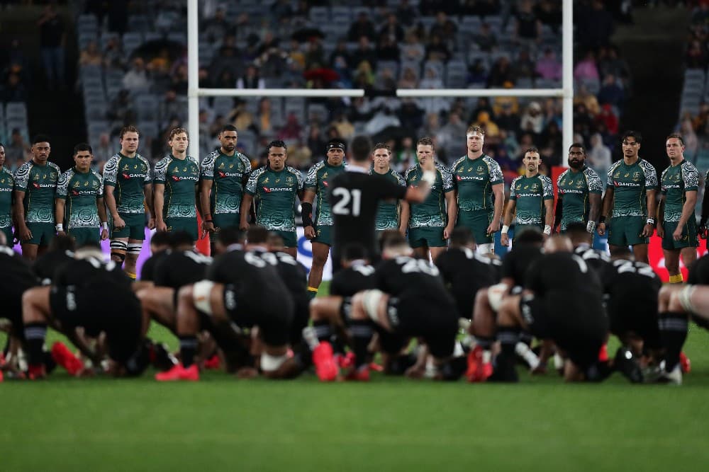 The Wallabies produce a boomerang in response to the All Blacks' haka. Photo: Getty Images