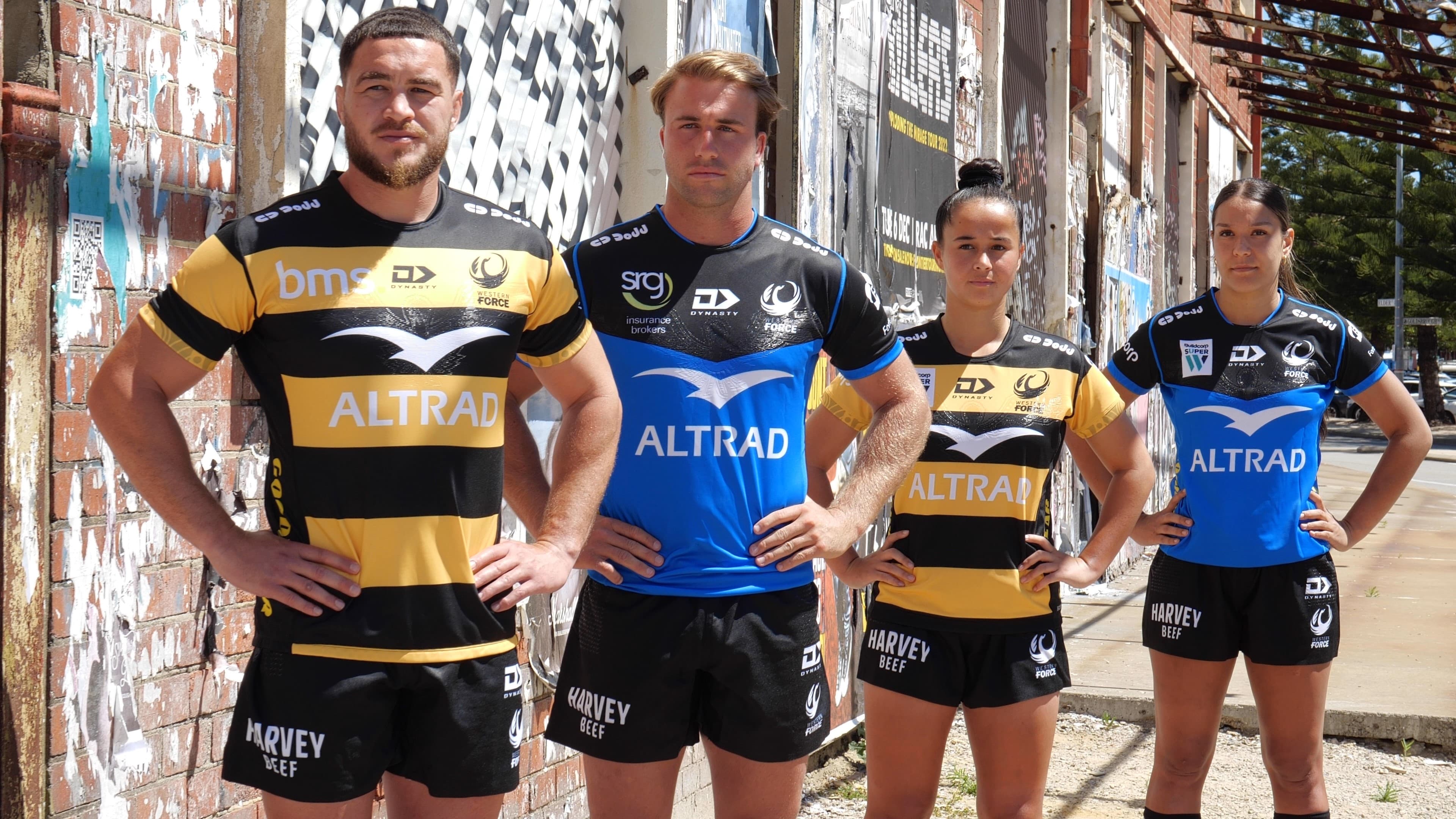 Kane Koteka, Hamish Stewart, Nicole Ledington and Tamika Jones (from left) display the home and heritage Western Force jerseys