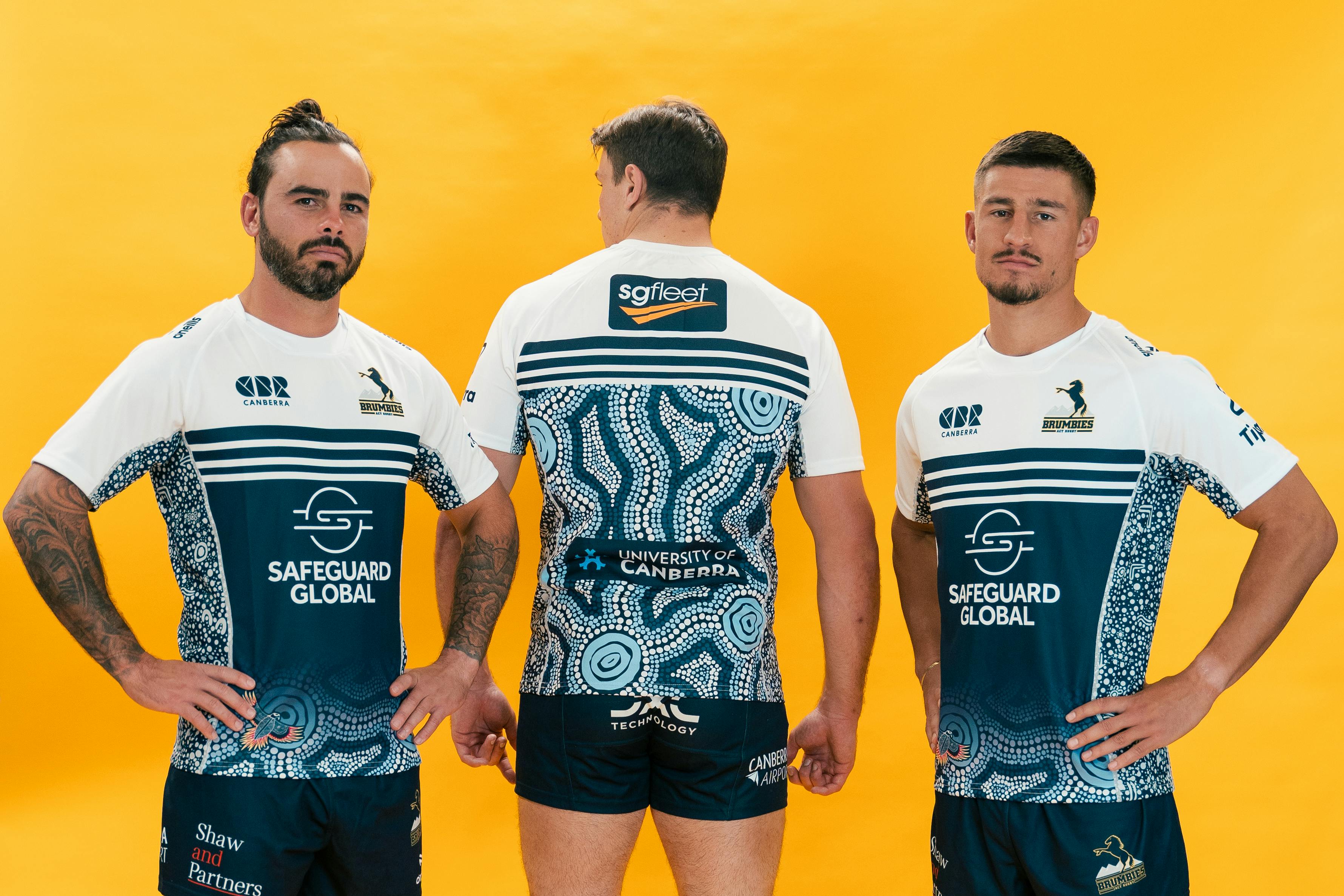 Andy Muirhead, Tom Hooper and Harrison Goddard in the new 2024 ACT Brumbies Indigenous Jersey.