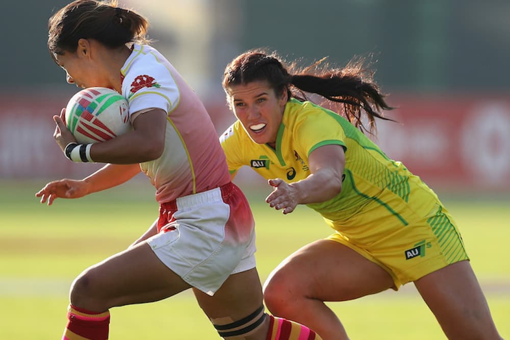 Charlotte Caslick races in to score in Dubai. Photo: Getty Images