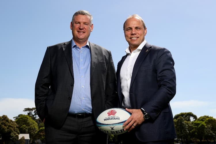 NSWRU and Waratahs CEO Paul Doorn with RA CEO Phil Waugh after the centralisation announcement. Photo: Getty Images