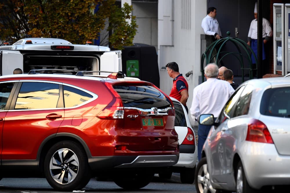 Munster's director of Rugby Rassie Erasmus is pictured in front Munster's team hotel this morning after the sudden death of Anthony Foley. Photo: AFP