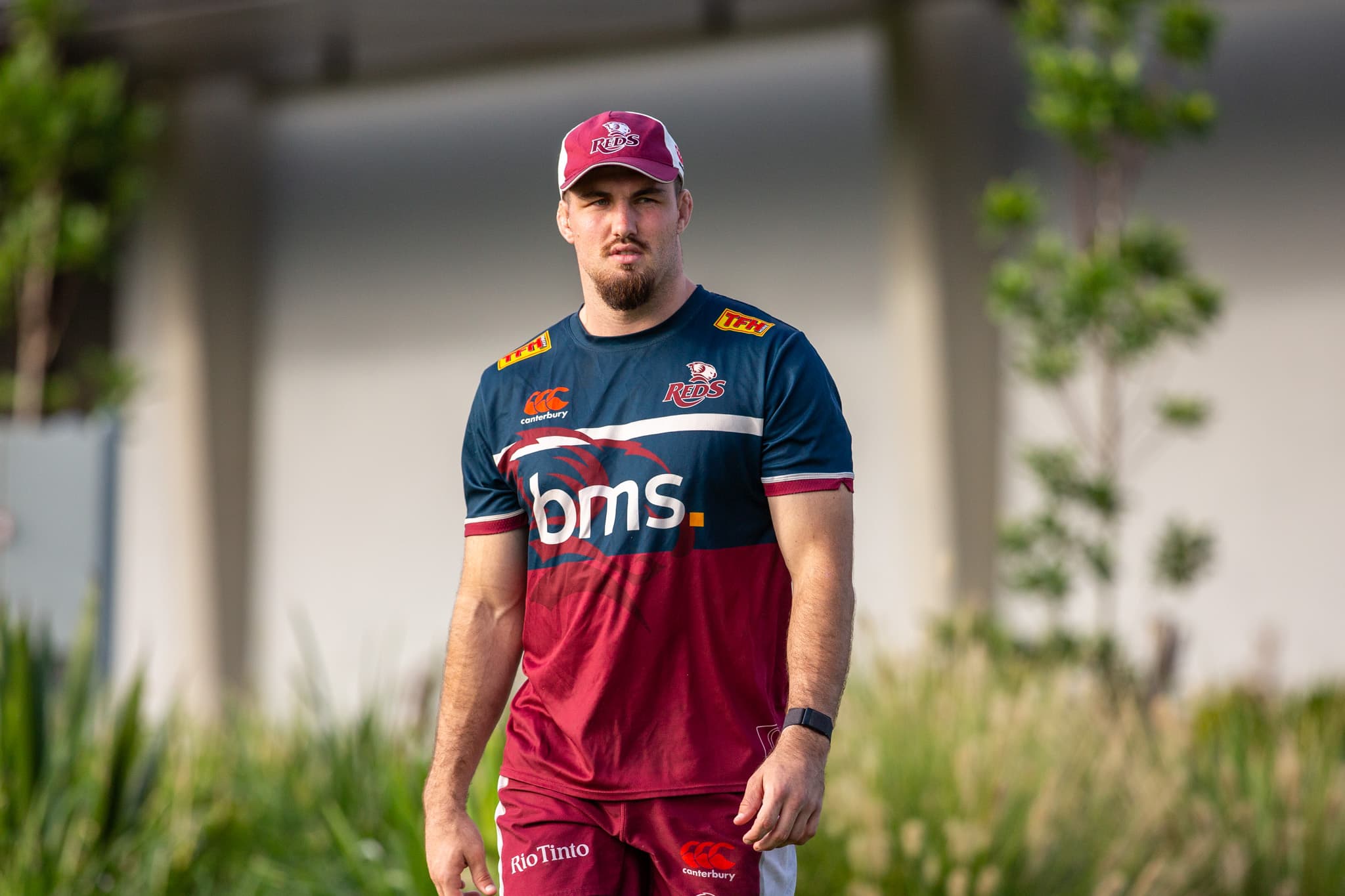 Liam Wright sporting his annual Reds 'Goatee Week' look ahead of Queensland's Super Rugby clash with Moana Pasifika. Picture: Reds Media Unit