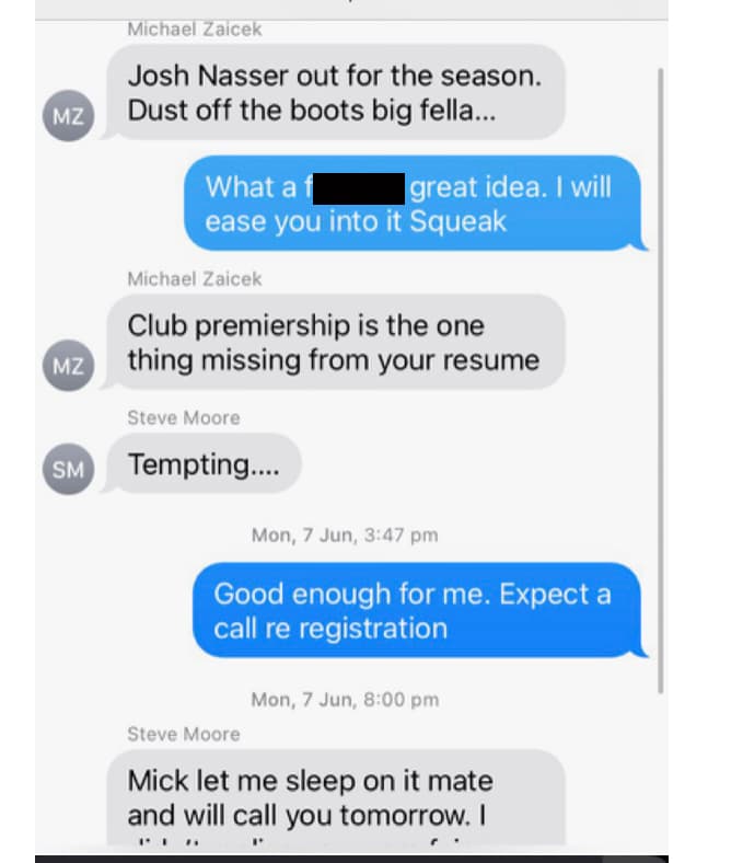 The WhatsApp messages which started the amazing Stephen Moore comeback between UQ president Mick Zaicek, team manager Frank McLoughlin and Moore