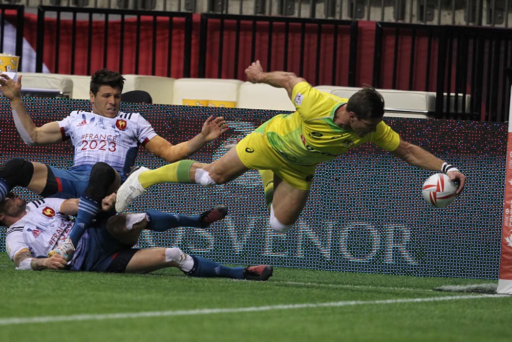 A try from Ed Jenkins got the Aussies home against France in Vancouver on Day One. Photo: Photo: Martin Seras Lima