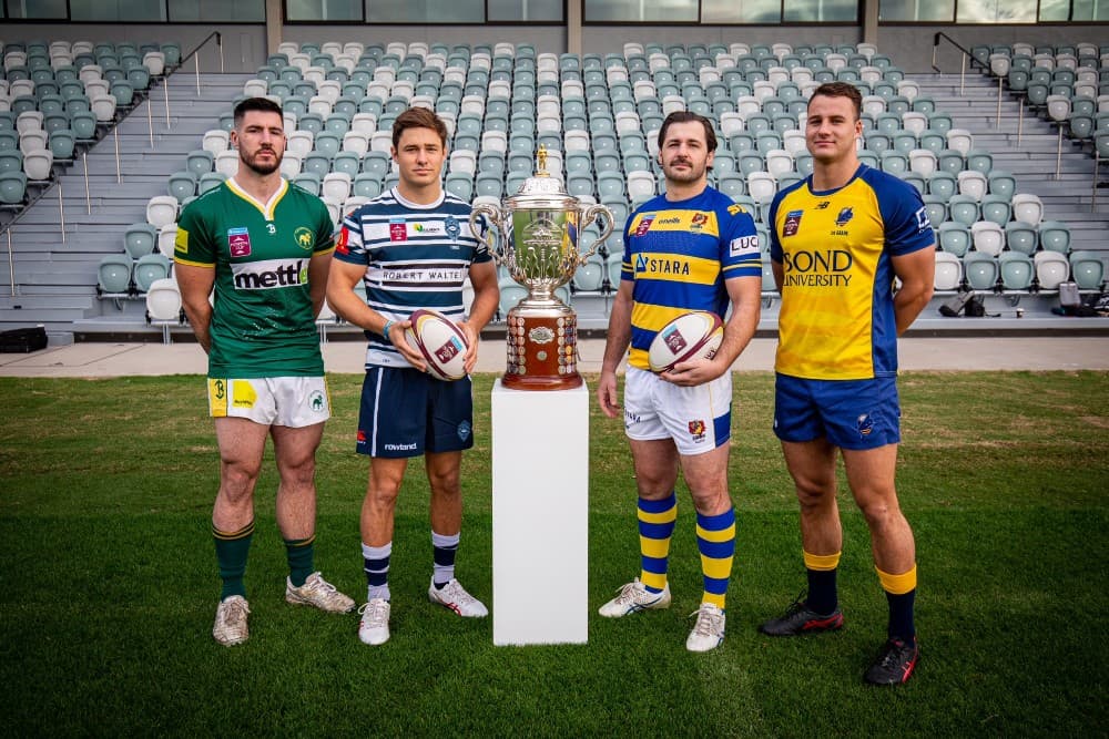 The Hospital Cup prize for Queensland’s four semi-final clubs…(from left) Connor Anderson (Wests), Josh Flook (Brothers), Tom Milosevic (Easts) and Lachie Connors (Bond University). Photo Supllied