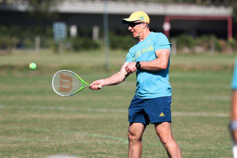 Andy Friend swapped a rugby ball for a tennis racquet in training. Photo: ARU Media