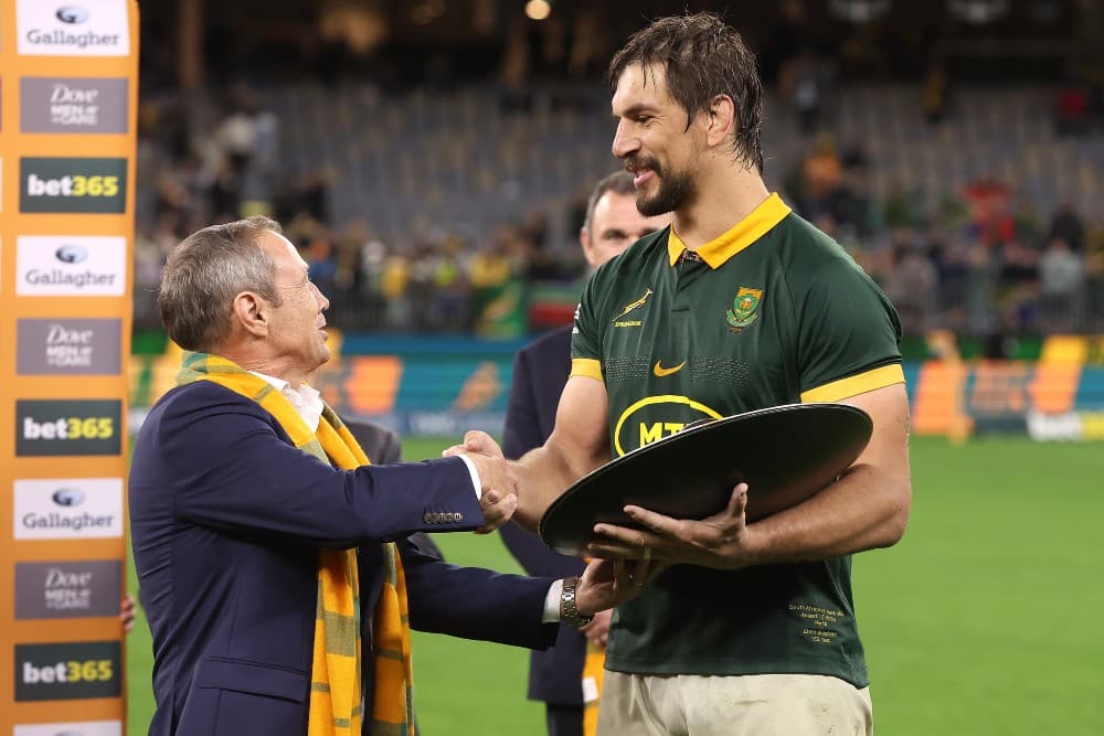 Rugby mad WA Premier Roger Cook with Springboks star Eben Etzebeth the last time the Springboks travelled to Perth. Photo: Getty Images.