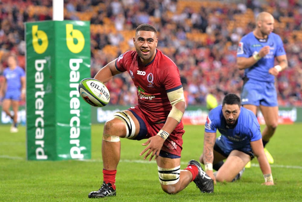 Lukhan Tui celebrates after touching down against the Force. Photo: Getty Images