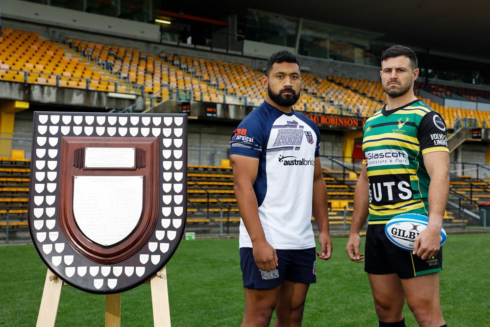 Pat Sio and Jordan Goddard with the Shute Shield. Photo: Karen Watson.