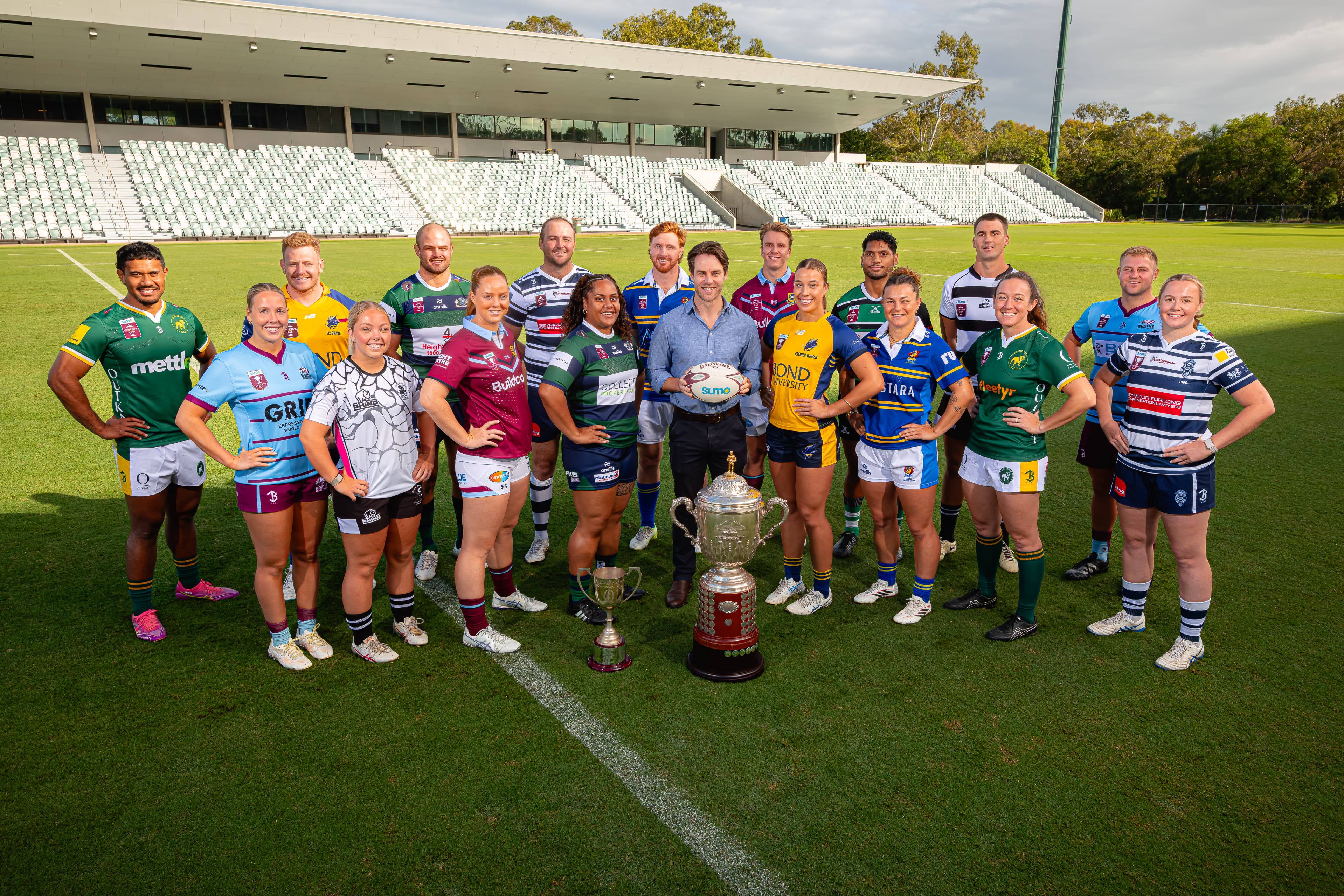 Easts' Brad Wilkin (back row, fifth from the left) joins Sumo Energy's Head of Marketing Alex Selles at this week's Hospital Cup-Founders Cup launch