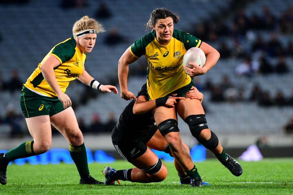 Millie Boyle takes on the Black Ferns attack in a much improved performance. Photo: RUGBY.com.au/Stuart Walmsley