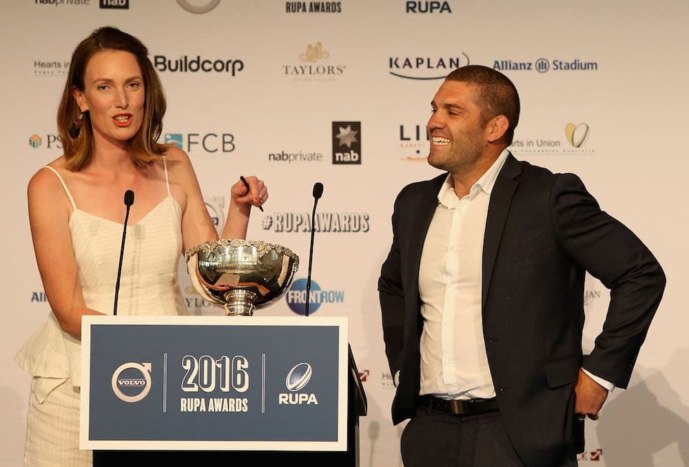 Matt Hodgson and Sydney Morning Herald Journalist and RUPA Awards MC, Georgina Robinson. Photo: Getty Images