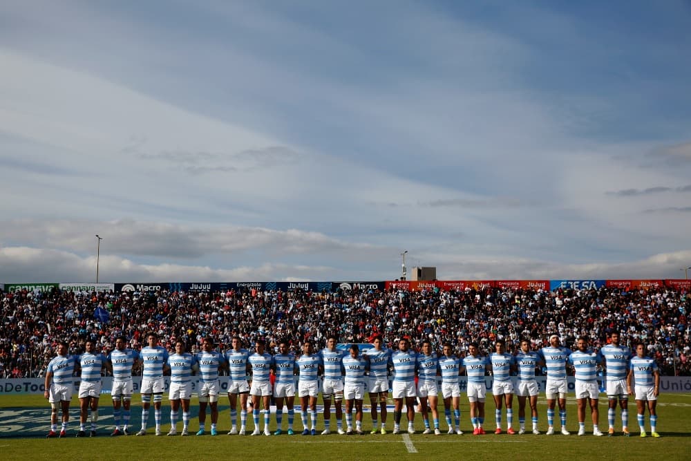 Argentina lining up at Estadio 23 de Agosto during a 2022 Test against Scotland. Photo: Getty Images