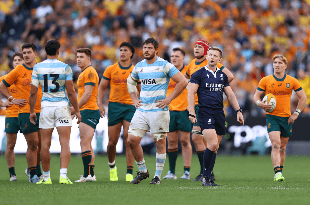 Los Pumas and the Wallabies watch a review. Source: Getty