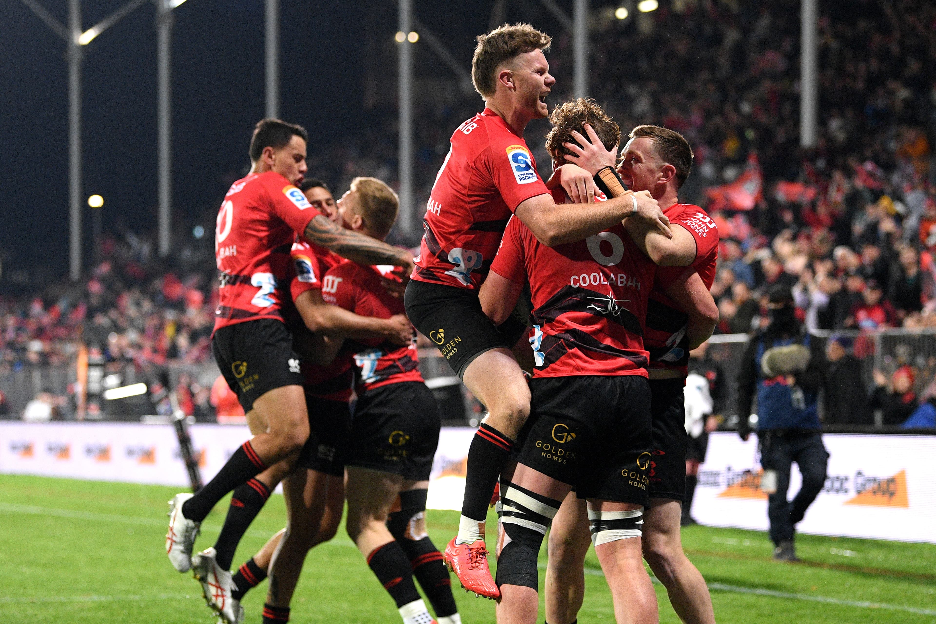 Crusaders players celebrate a 39-0 win over the Melbourne Rebels during the 2024 Super Rugby Pacific season. Picture: Getty
