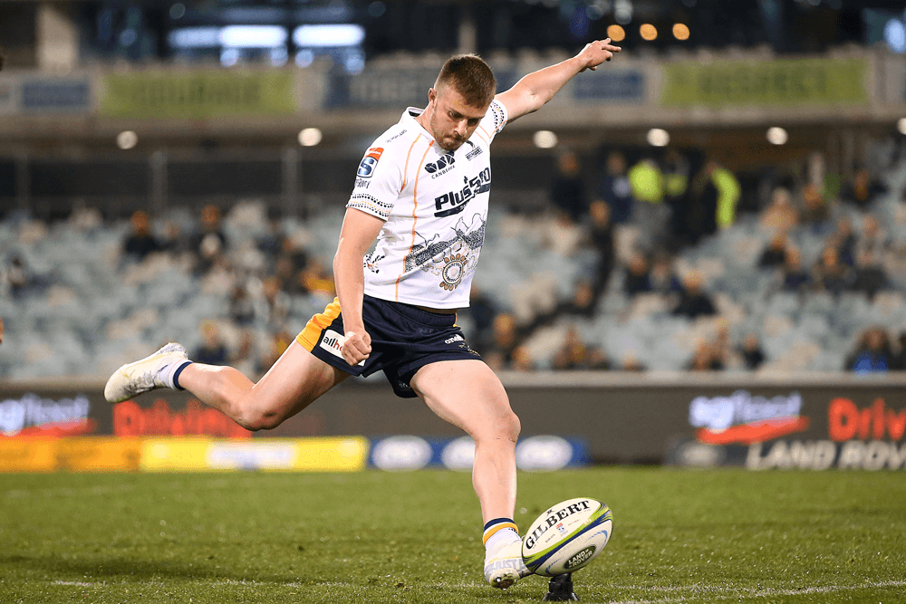 Mack Hansen boots the winning goal for the Brumbies. Photo: Getty Images