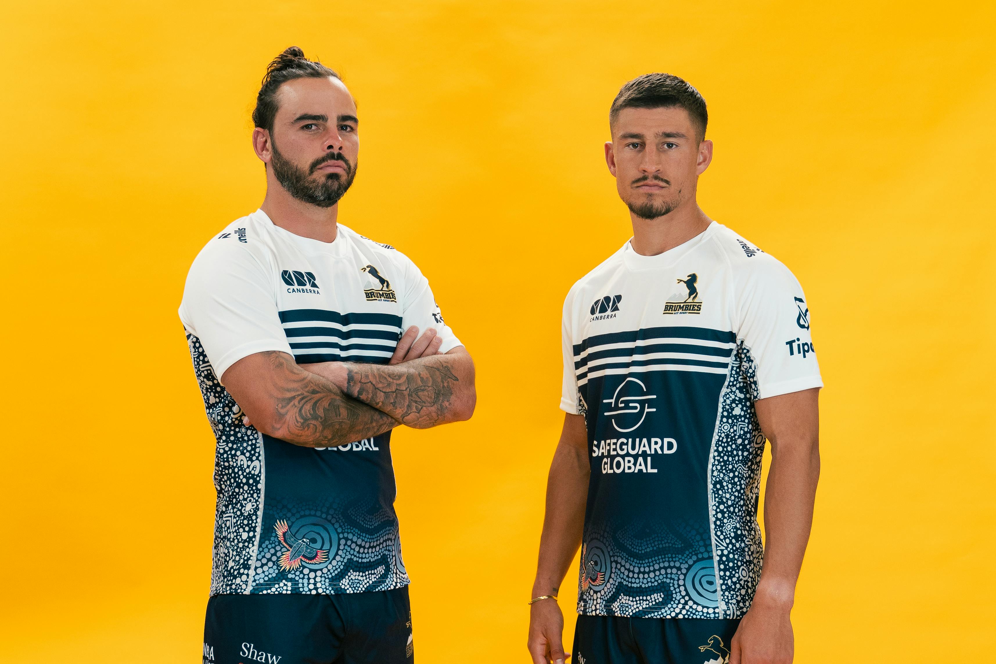 Andy Muirhead and Harrison Goddard sporting the 2024 ACT Brumbies Indigenous Jersey.
