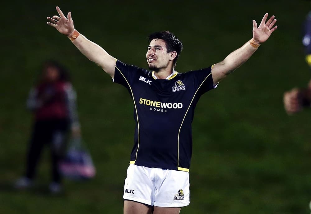 Jackson Garden-Bachop kicking his side to victory over the North Harbour in the Mitre 10 Cup this year. Photo: Getty Images