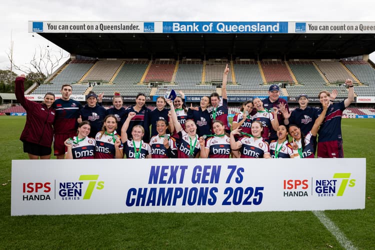 Winning smiles...Queensland's Next Gen 7s squad and staff after the Ballymore success. Photo: Brendan Hertel Photography