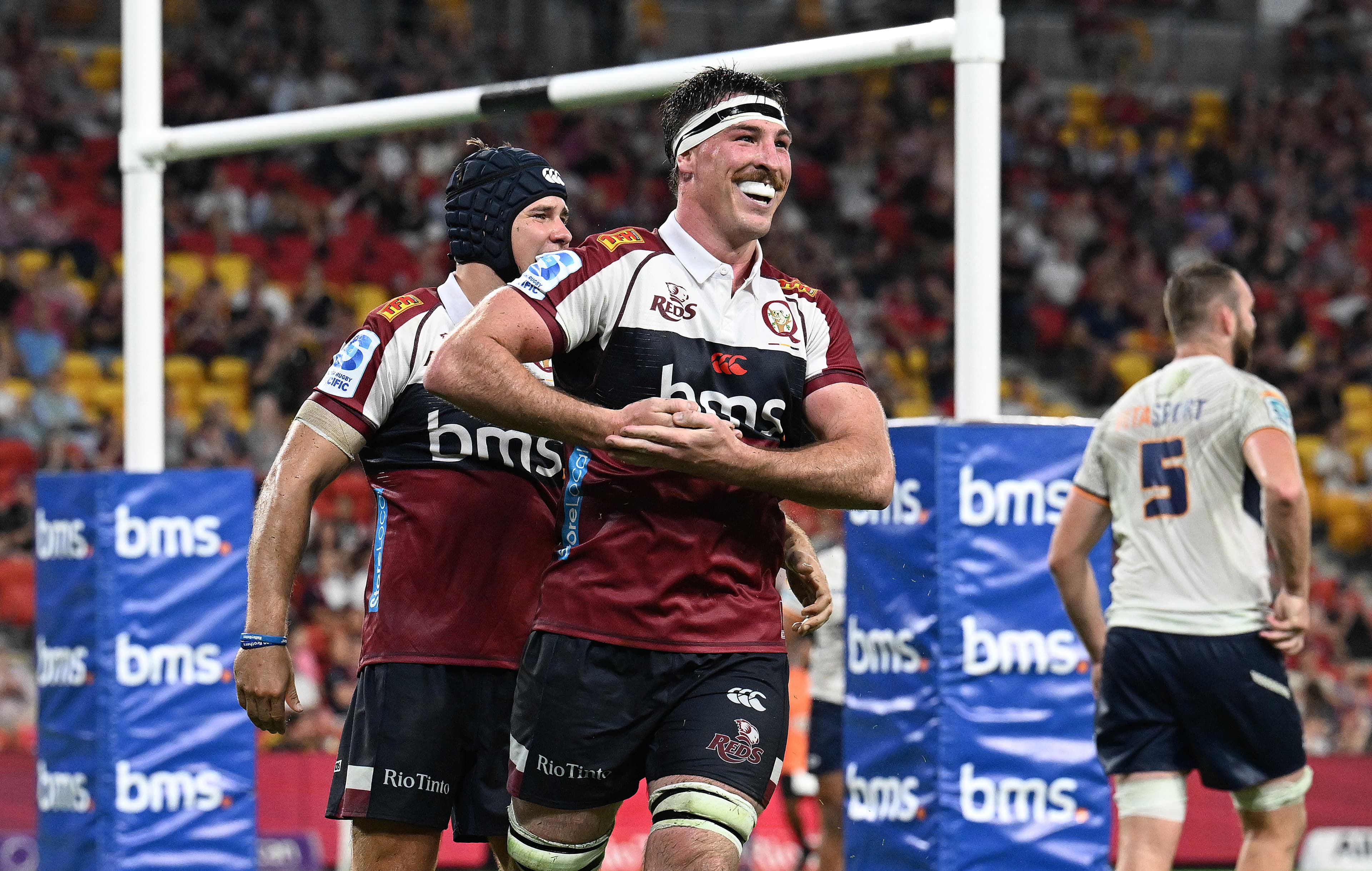 Ryan Smith celebrates a try against Moana Pasifika during Queensland's Round 2 Super Rugby Pacific win in Brisbane. Picture: Getty