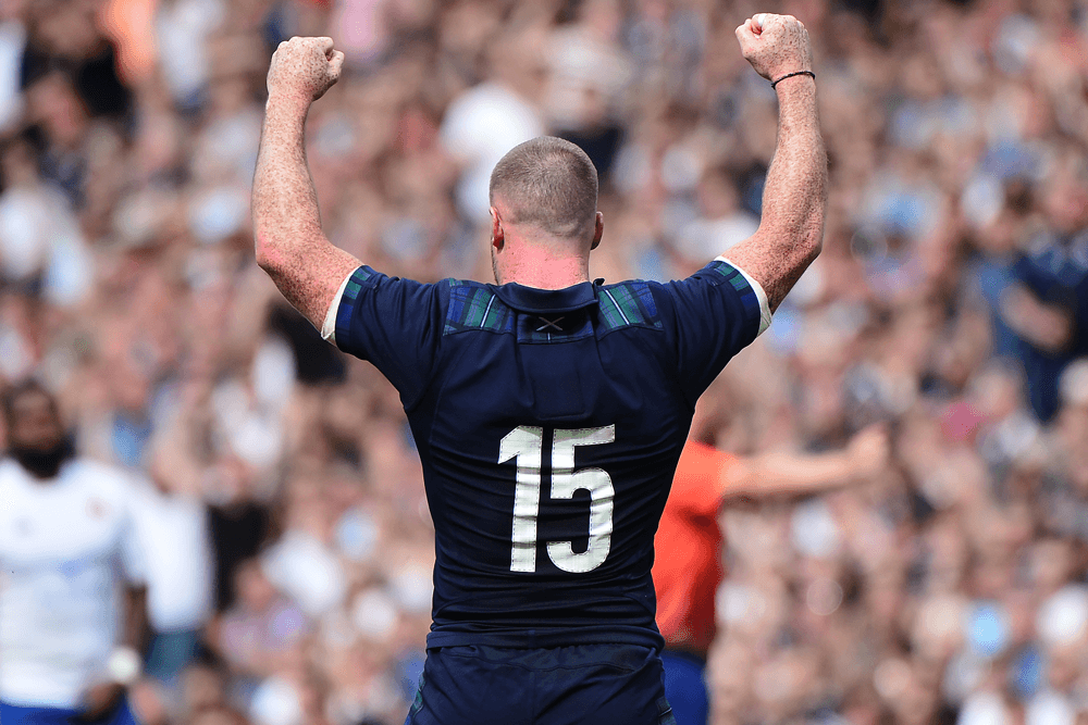 Stuart Hogg celebrates Scotland's win over France in the 2020 competition. Photo: Getty images"