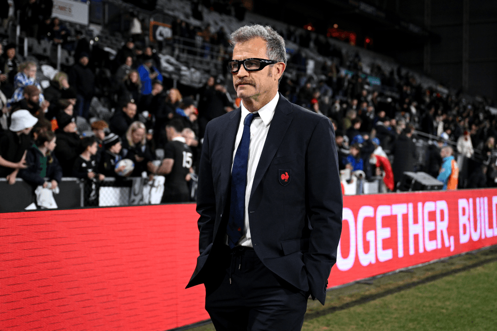 Fabien Galthié watches France warm up ahead of the first Test against the All Blacks in Dunedin. Source: Getty