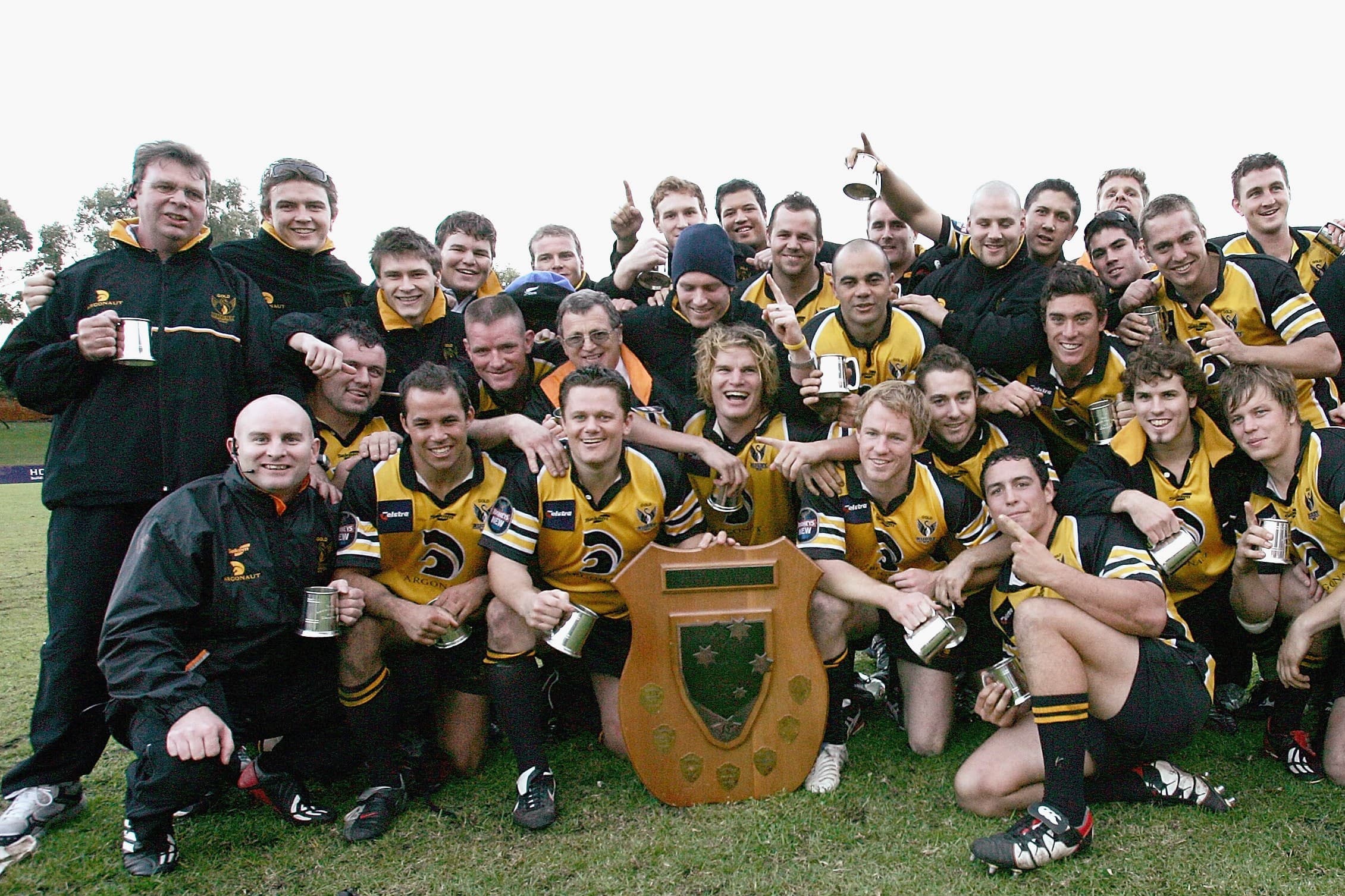 250916 - Perth Gold celebrate their 2005 Australian Rugby Shield title. Picture: Getty