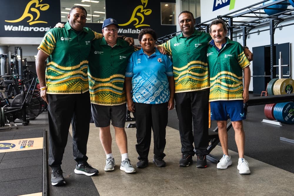  World Rugby IBP facilitator Evan Crawford, RA Head of Community Coaching Michael Magriplis and Fijian coaches Alena Lawai, Leone Savai and Kali Ratuvuki