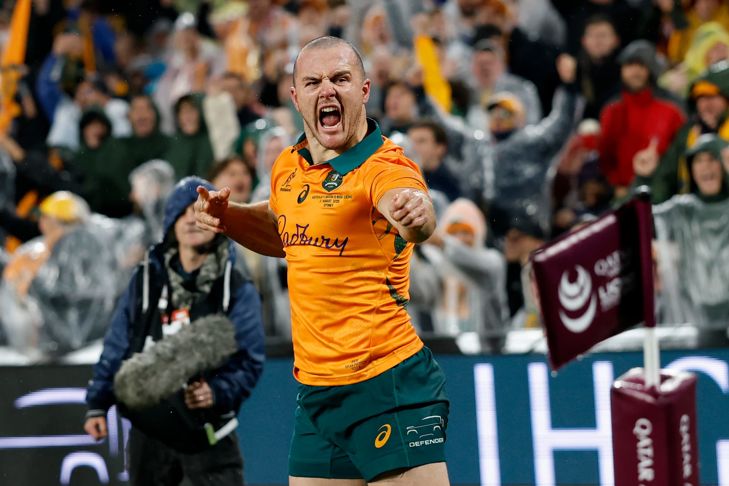 Dylan Pietsch celebrates after scoring against the British & Irish Lions last year. Photo: Getty Images