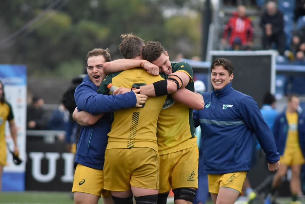 The Junior Wallabies celebrate winning through to the U20 world championship final. Photo: World Rugby