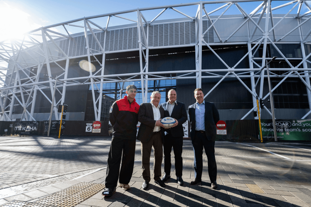 Noah Hotham, Jack Mesley, Phil Mauger and Colin Mansbridge at One New Zealand Stadium in Christchurch. Source: Getty
