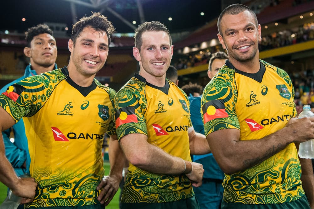 Nick Phipps, Bernard Foley and Kurtley Beale wearing the Wallabies indigenous jersey. Photo: RUGBY.com.au/Stuart Walmsley