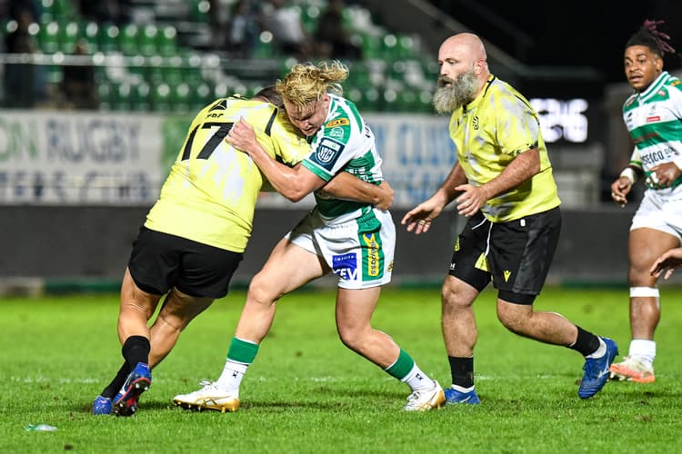 Blond-haired Louis Werchon in action for Benetton Rugby in a pre-season match. Photo: Courtesy Benetton Rugby