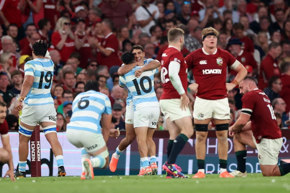 Argentina celebrates a famous win over the Lions. Photo: Getty Images