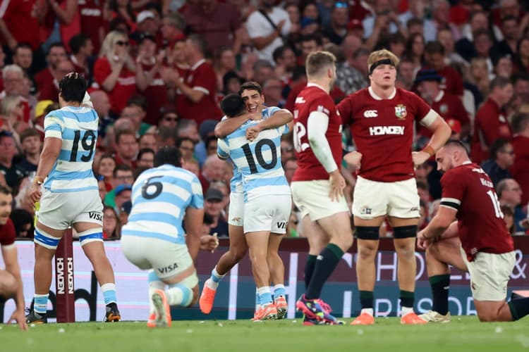 Argentina celebrates a famous win over the Lions. Photo: Getty Images